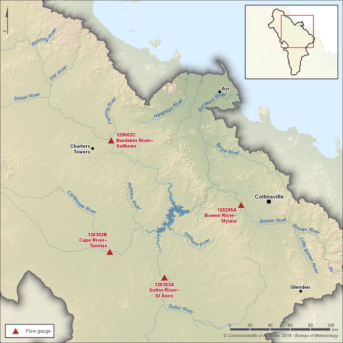 Map of key gauging stations. Burdekin River at Sellheim, Station ID 120002C, near Charters Towers, Cape River at Taemas, Station ID 120302B, in the central east and Suttor River at St Anns, Station ID 120303A, in the south are located upstream of Lake Dalrymple. Bowen River at Myuna, Station ID 120205A, approximately 30km west of Collinsville is located on a major tributary of Burdekin River downstream of Lake Dalrymple.