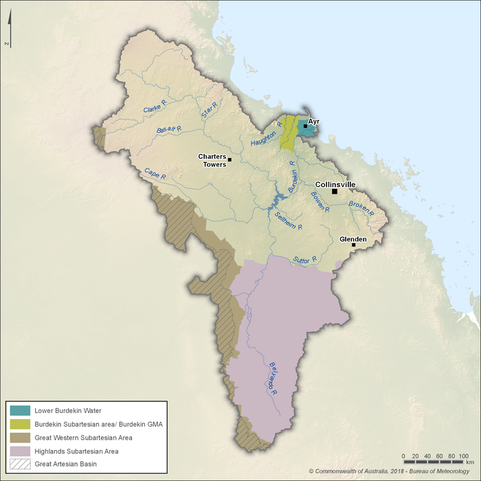Map of groundwater management areas, subartesian areas and the Great Artesian Basin. The Great Western Subartesian Area covers the western boundary of the region. The Highlands Subartesian Area covers the south. The Burdekin Groundwater Management Area covers the delta region surrounding Ayr and is adjacent to the Lower Burdekin Water area. The Great Artesian Basin underlies the region along the western boundary within parts of the Great Western Subartesian Area.