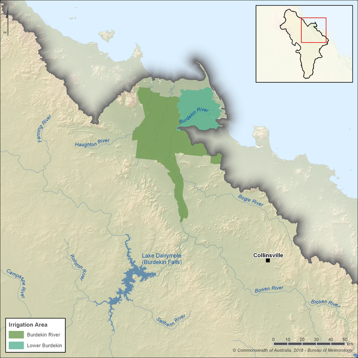 Map of 2 key irrigation areas. The Burdekin River Irrigation Area is located around the lower reaches of the Haughton River and extends up the Burdekin River to within 50km of Burdekin Falls Dam. The Lower Burdekin Irrigation Area is located around the lower reaches of the Burdekin River.