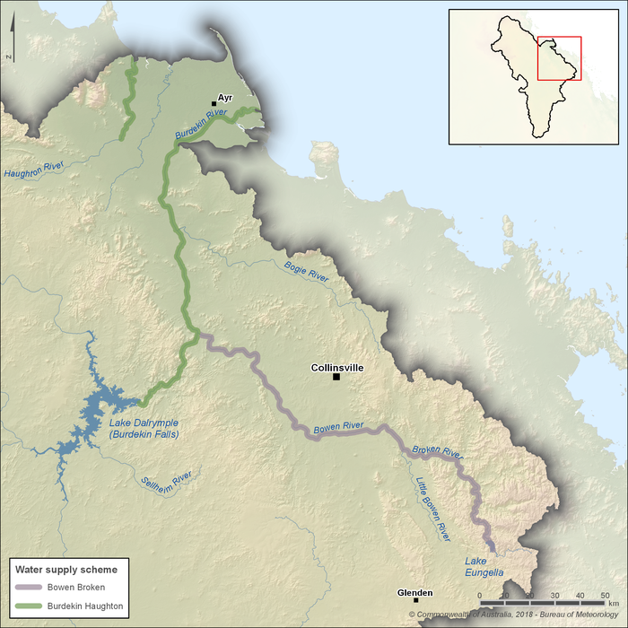 Map of 2 water supply schemes. The Burdekin Haughton scheme covers the Burdekin River downstream of Lake Dalrymple as well as approximately 50km of the Haughton River in the northeastern part of the region. The Bowen Broken scheme covers the Broken and Bowen rivers downstream of Lake Eungella down to the confluence of the Burdekin River.