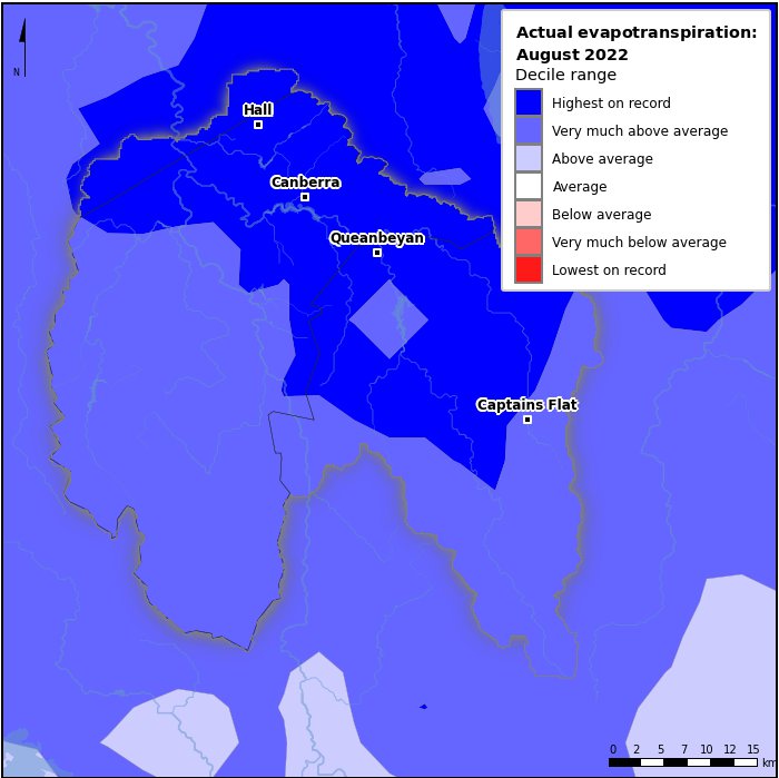Actual evapotranspiration deciles: August 2022