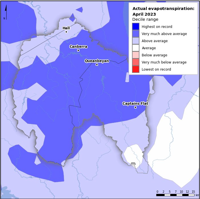 Actual evapotranspiration deciles: April 2023