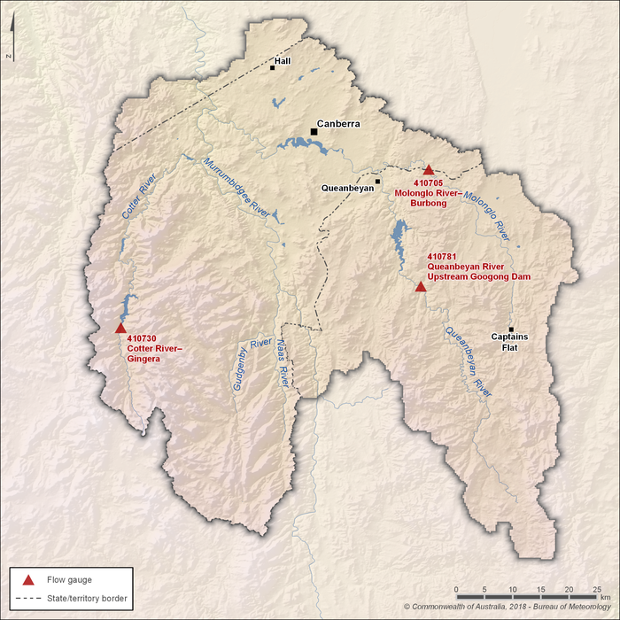 Map of key gauging stations. Molonglo River at Burbong, station ID 410705, is located east of Queanbeyan, upstream of the confluence of the Molonglo and Queanbeyan River. Cotter River at Gingera, station ID 410730, is in the west of the region. Queanbeyan River Upstream Googong Dam, station ID 410781, is in the central east part of the region.
