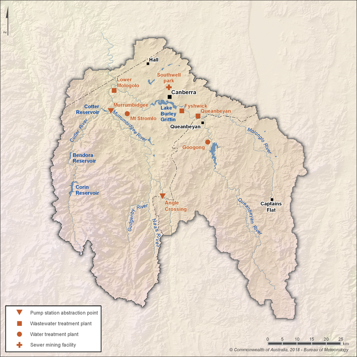Map of the urban water system infrastructure. There are 2 pump station abstraction points along the Murrumbidgee River. There are 3 wastewater treatment plants, 2 water treatment plants, and 1 sewer mining facility located in the central north of the region.