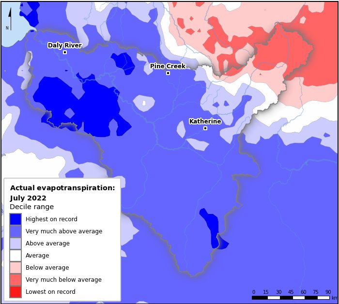 Actual evapotranspiration deciles: July 2022