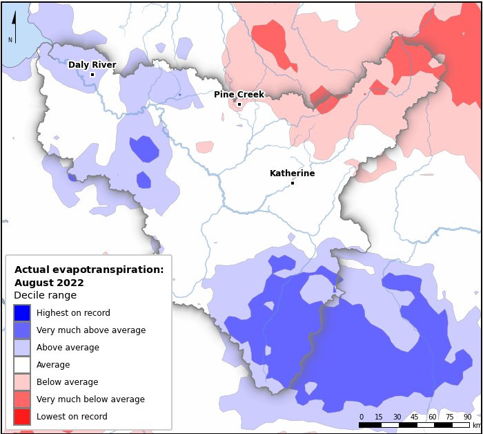 Actual evapotranspiration deciles: August 2022