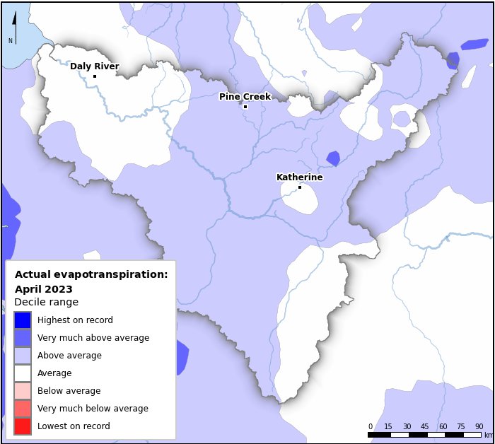 Actual evapotranspiration deciles: April 2023