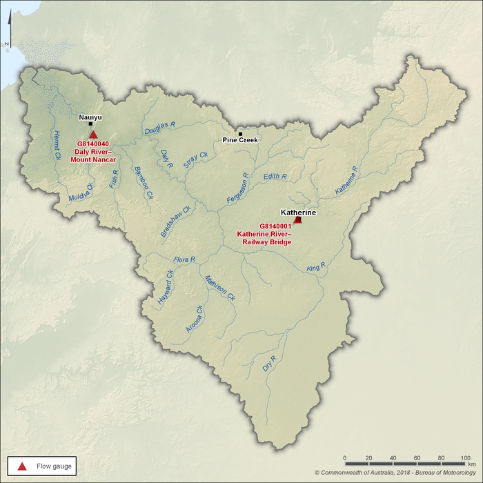 Map of key gauging stations. Katherine River at the Railway Bridge, station number G8140001, in the central part of the region near Katherine. Daly River at Mount Nancar, station number G8140040, in the region's northwest near Nauiyu.