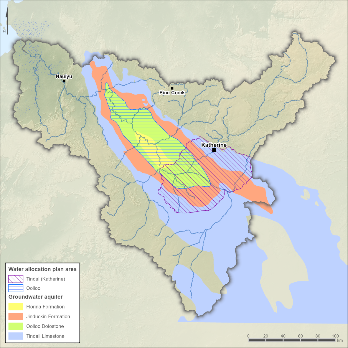 Map of two water allocation plan areas. The Katherine Tindall Limestone Aquifer water allocation plan area is in the central part of the region covering a part of the Tindall Limestone Aquifer around Katherine. The Oolloo Dolostone Aquifer water allocation plan area extends across the central and northern part of the region and covers the entire Oolloo Dolstone Aquifer