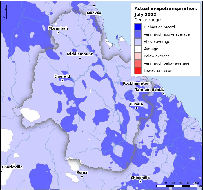 Actual evapotranspiration deciles: July 2022
