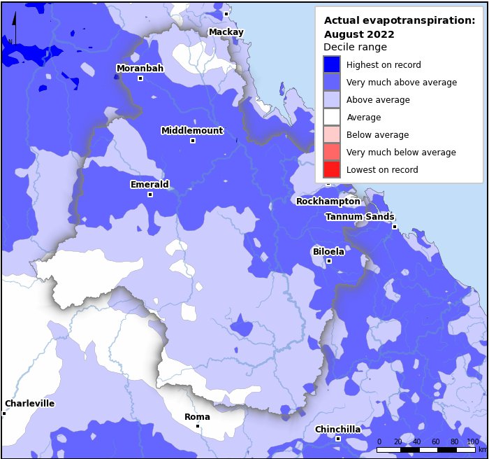 Actual evapotranspiration deciles: August 2022