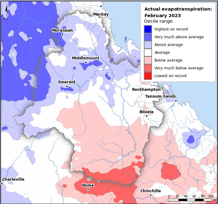 Actual evapotranspiration deciles: February 2023