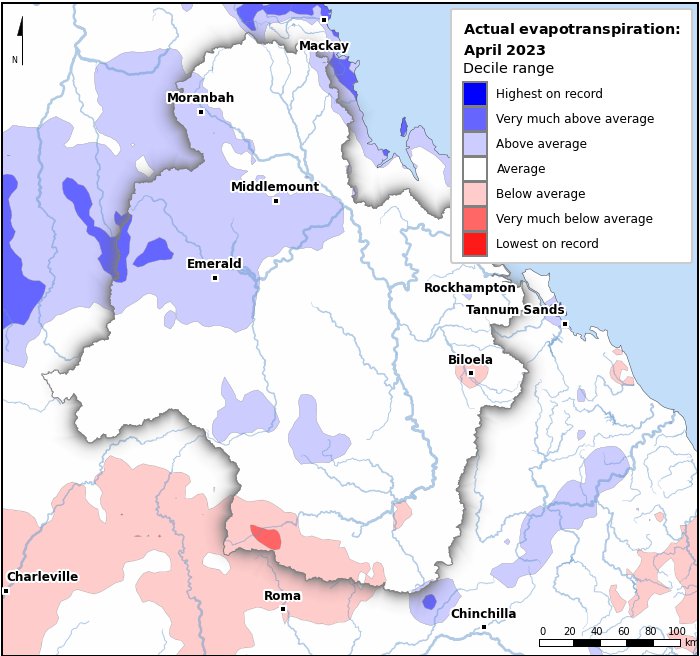 Actual evapotranspiration deciles: April 2023