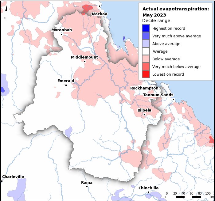 Actual evapotranspiration deciles: May 2023