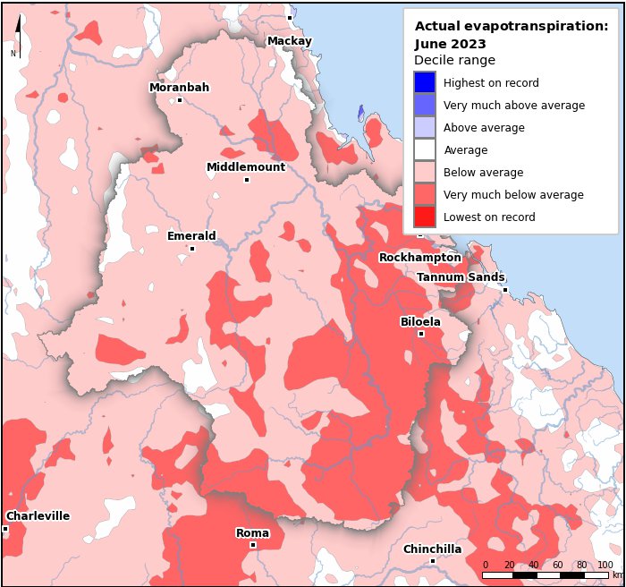 Actual evapotranspiration deciles: June 2023