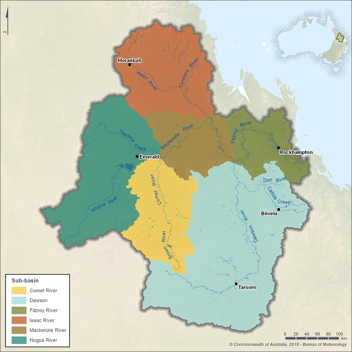 Map of the Fitzroy River catchment. The catchment is divided into 6 sub-basins that include Comet, Dawson, Fitzroy, Isaac, Mackenzie and Nogoa rivers. Towns in the region include Moranbah in the north, Emerald in the central west, Taroom in the south and Rockhampton and Biloela in the east.