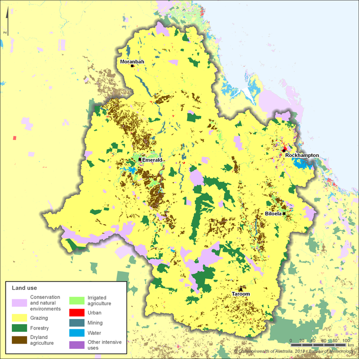 Map of distribution and land use types. Major towns include Moranbah, Emerald, Rockhampton, Biloela and Taroom. Primary land use is grazing followed by forestry, dryland agriculture, and conservation and natural environments.