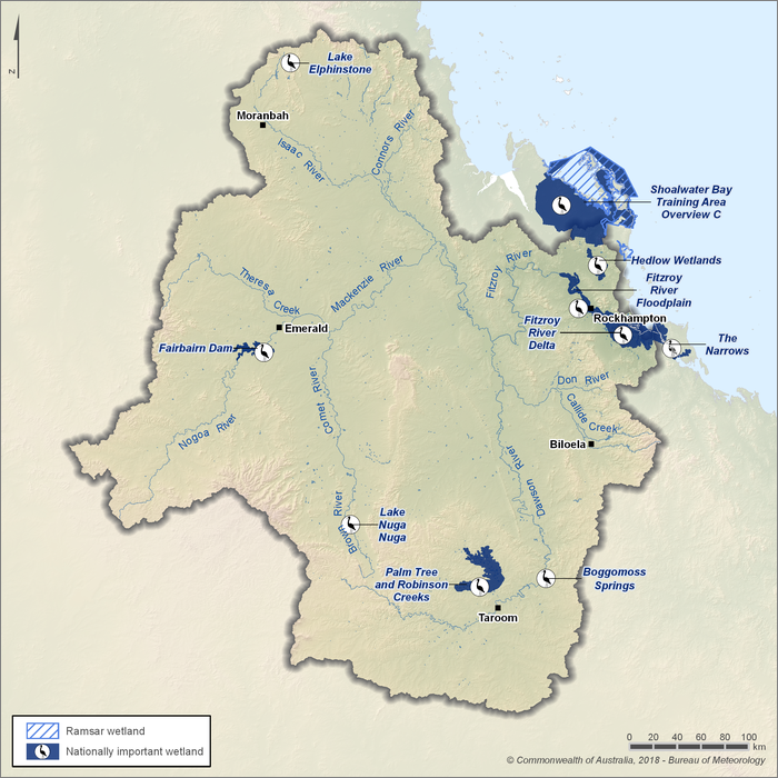 Map of Ramsar wetlands and nationally important wetlands. Nationally important wetlands are mainly in the northeast of the region along the coast, with several others distributed across inland areas. The Ramsar-listed wetland, Shoalwater and Corio Bay Wetland, is adjacent to the region approximately 100 km north of Rockhampton.