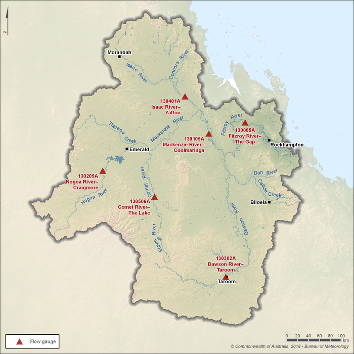 Map of key gauging stations. Nogoa River at Craigmore, station number 130209A, approximately 40 km upstream of Fairbairn Dam. Comet River at The Lake, station number 130506A. Dawson River at Taroom, station number 130209A, in the south near Taroom. Isaac River at Yatton, station number 130401A, in the north. Mackenzie River at Coolmaringa, station number 130105A, approximately 100 km west of Rockhampton. Fitzroy River at The Gap, station number 130005A, approximately 50 km upstream of Rockhampton.