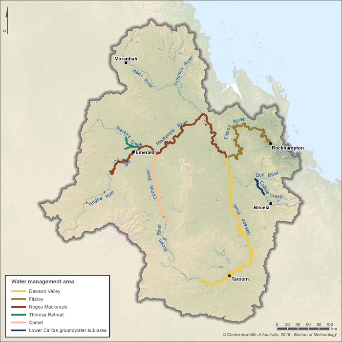 Map of 5 water management areas. Comet water management area extends along the Comet river in the central west. Nogoa Mackenzie water management area extends along the Mackenzie river and part of the Nogoa river in the central north. Fitzroy water management area extends along the Fitzroy river in the northeast. Theresa Retreat water management area extends along a small portion of Theresa Creek in the northwest. Dawson Valley water management area extends along the Dawson River in the central eastern part of region to the south near Taroom. Lower Callide groundwater sub-area is in the east, along Callide Creek.