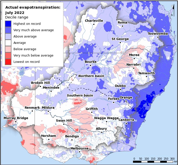 Actual evapotranspiration deciles: July 2022