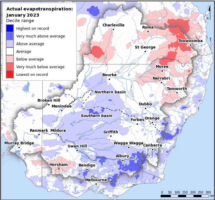Actual evapotranspiration deciles: January 2023