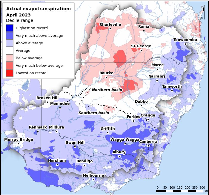 Actual evapotranspiration deciles: April 2023