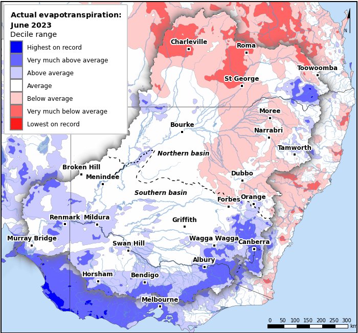 Actual evapotranspiration deciles: June 2023