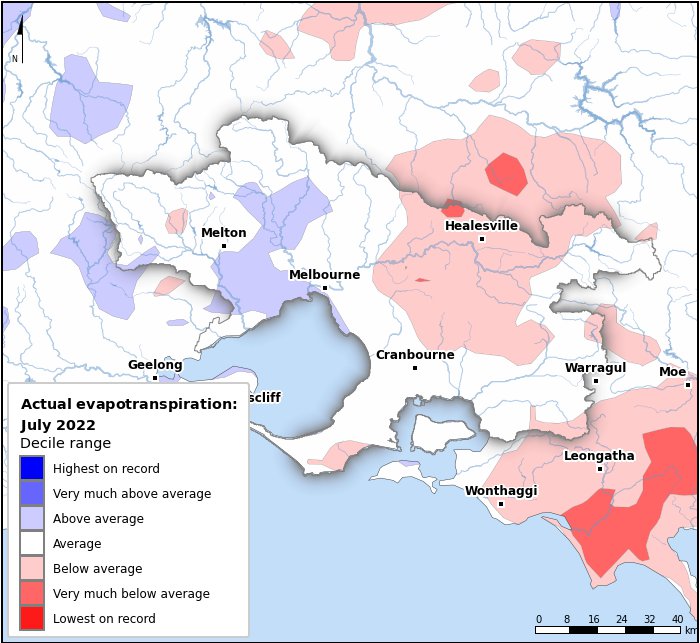 Actual evapotranspiration deciles: July 2022