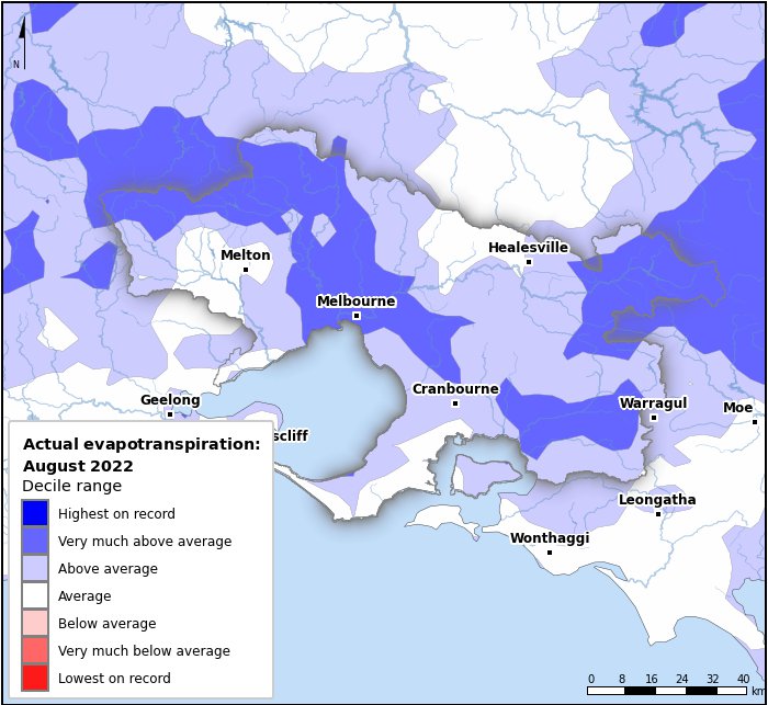 Actual evapotranspiration deciles: August 2022
