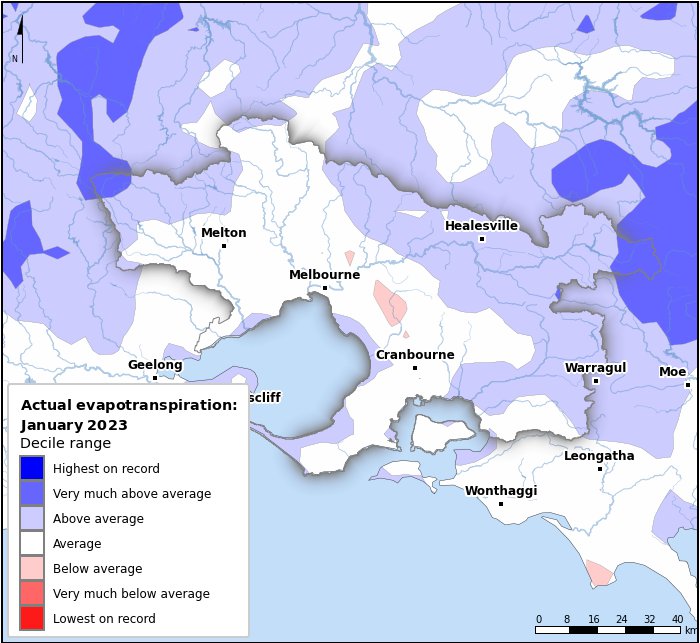 Actual evapotranspiration deciles: January 2023