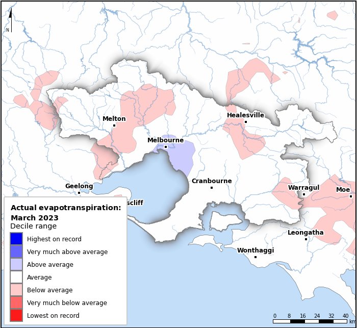 Actual evapotranspiration deciles: March 2023