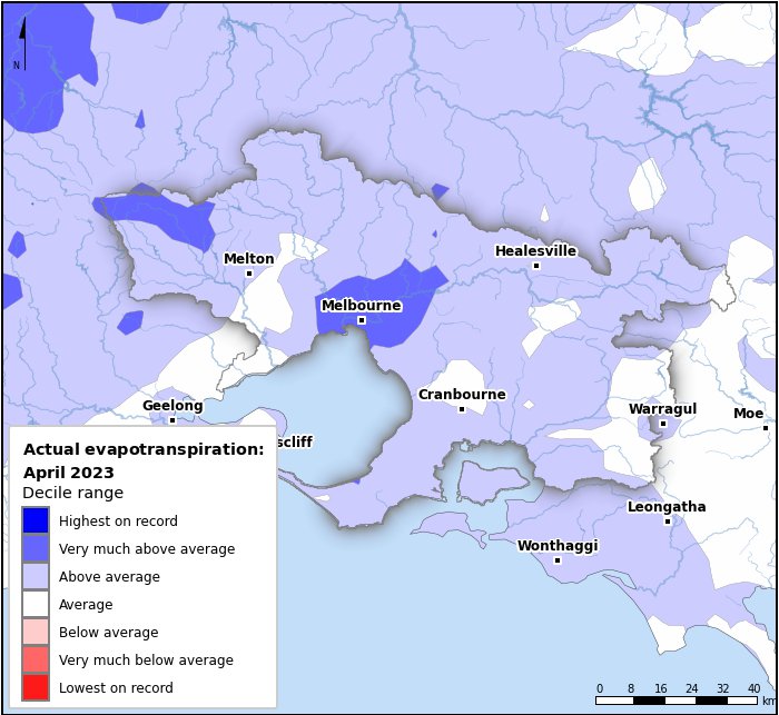 Actual evapotranspiration deciles: April 2023