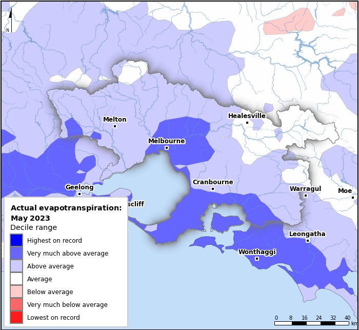 Actual evapotranspiration deciles: May 2023
