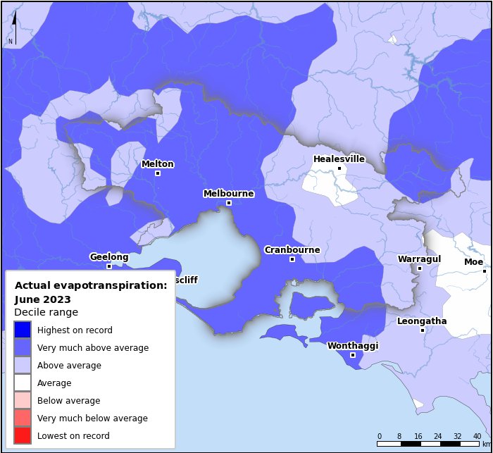Actual evapotranspiration deciles: June 2023