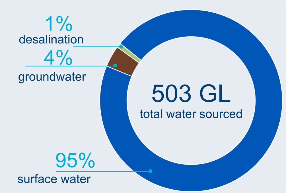 Graph showing breakdown of water sources used in the Melbourne region. A total of 503 GL of water was used in the region in 2022-23. Surface water made up 95% of total water sourced. Desalinated water made up 1% and groundwater 4% of the water sourced.