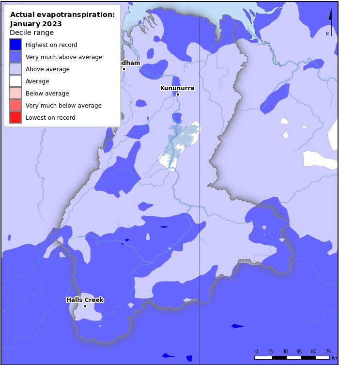 Actual evapotranspiration deciles: January 2023