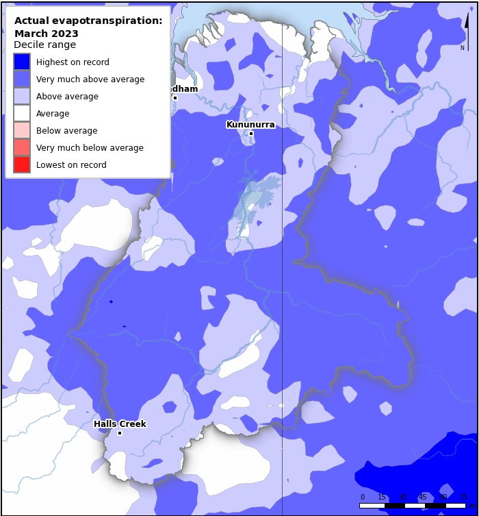 Actual evapotranspiration deciles: March 2023