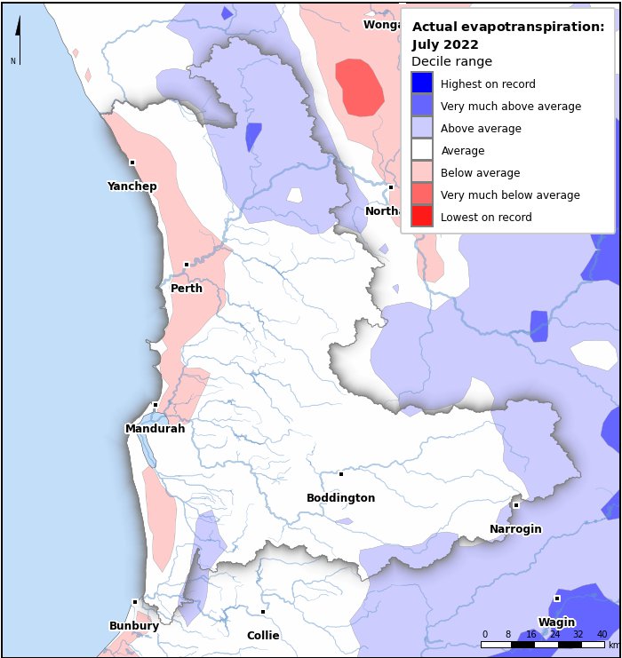 Actual evapotranspiration deciles: July 2022