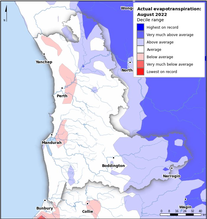 Actual evapotranspiration deciles: August 2022