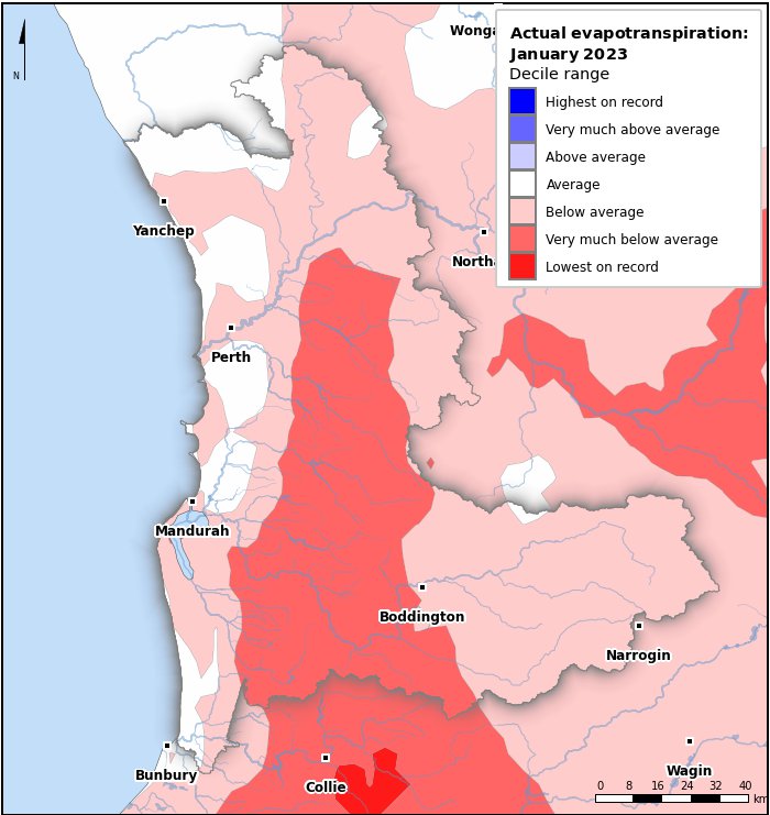 Actual evapotranspiration deciles: January 2023