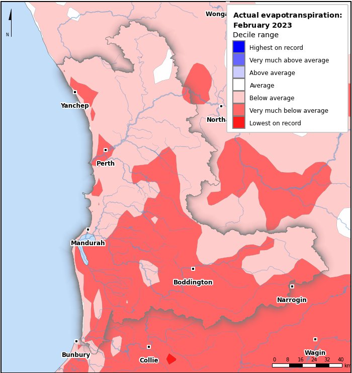 Actual evapotranspiration deciles: February 2023