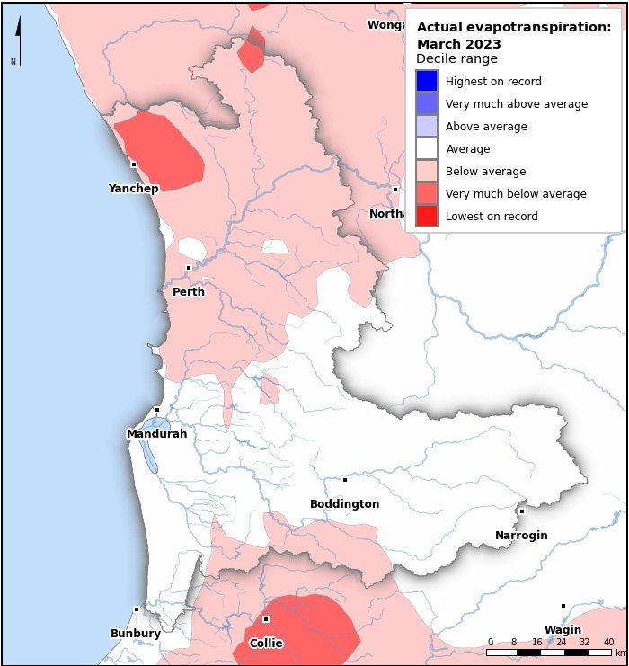 Actual evapotranspiration deciles: March 2023