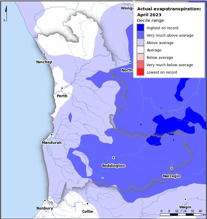 Actual evapotranspiration deciles: April 2023