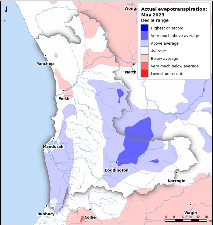 Actual evapotranspiration deciles: May 2023