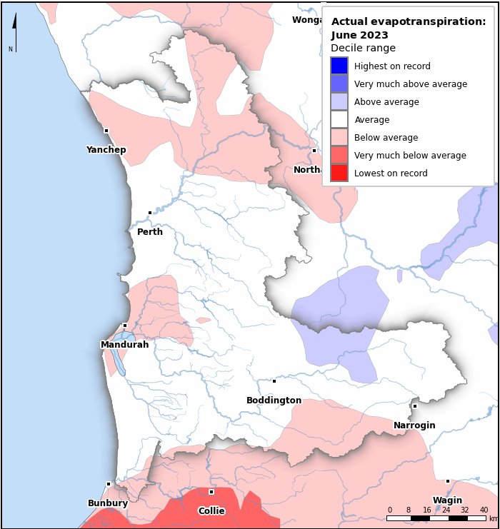 Actual evapotranspiration deciles: June 2023