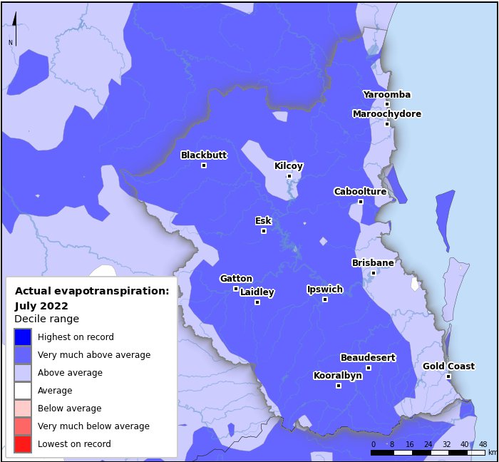 Actual evapotranspiration deciles: July 2022