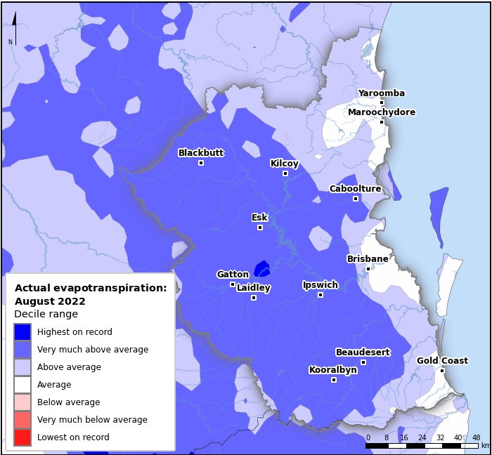 Actual evapotranspiration deciles: August 2022