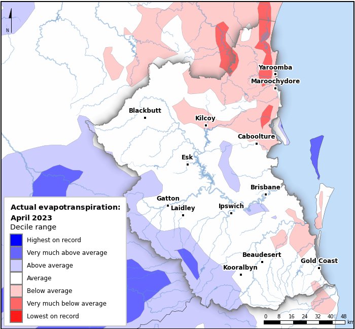 Actual evapotranspiration deciles: April 2023