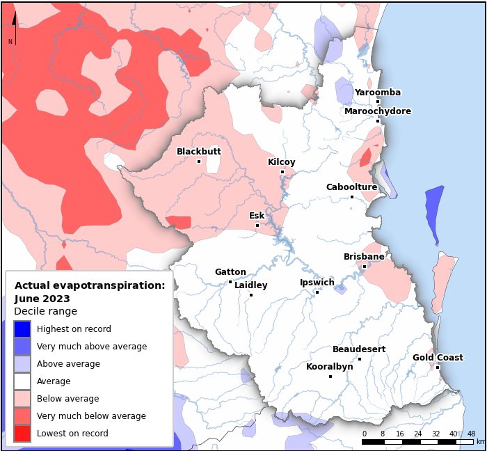 Actual evapotranspiration deciles: June 2023